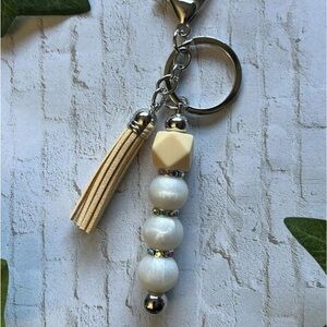 Cream and Silver Key & Card Holder with Tassel